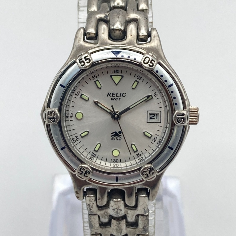 Relic Wet Womens Watch 27mm Silver Tone Date 50M Diver ZR11198 New Battery 6.25"